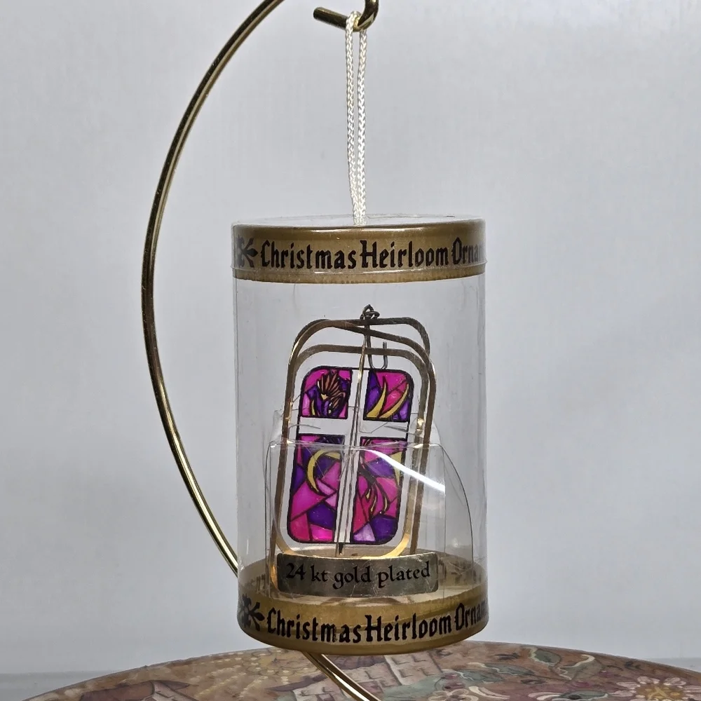 VTG Christmas Heirloom Ornament 24kt Gold Plated Cross Pink Purple Stained Glass